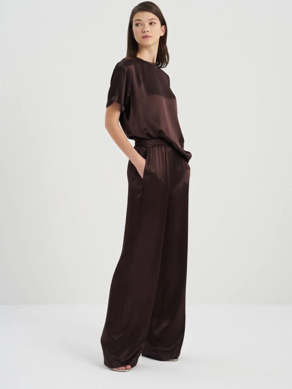 LOFT SET Brown Satin Wide-Leg Lounge Pants and crew neck top